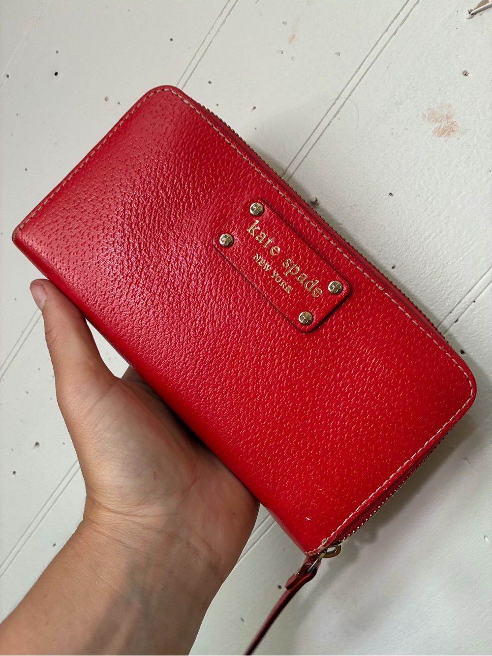 Kate Spade New York Red Pebbled Leather Zip Around Wallet Wristlet